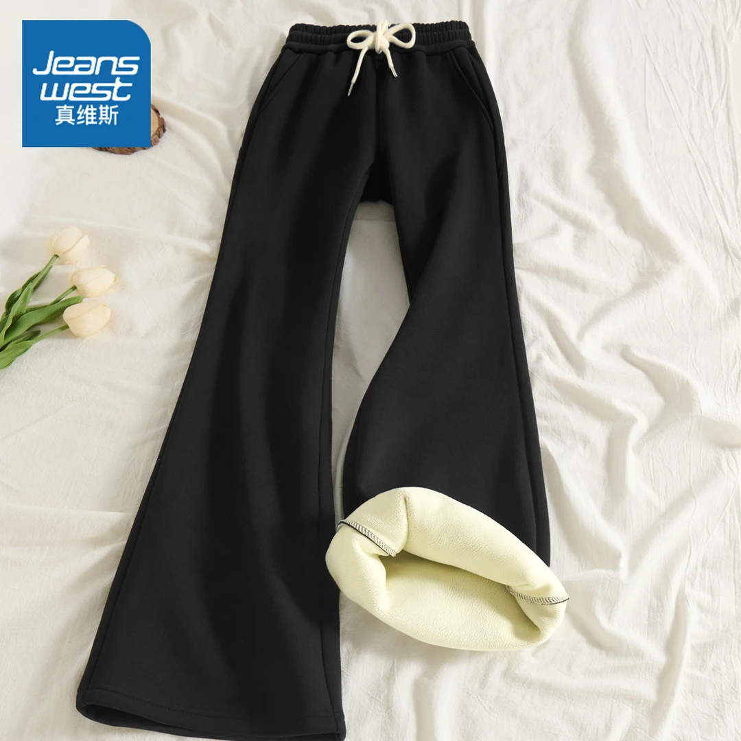 真维斯 女士加绒裤子黑色微喇裤2025新款时髦显瘦休闲裤秋冬卫裤