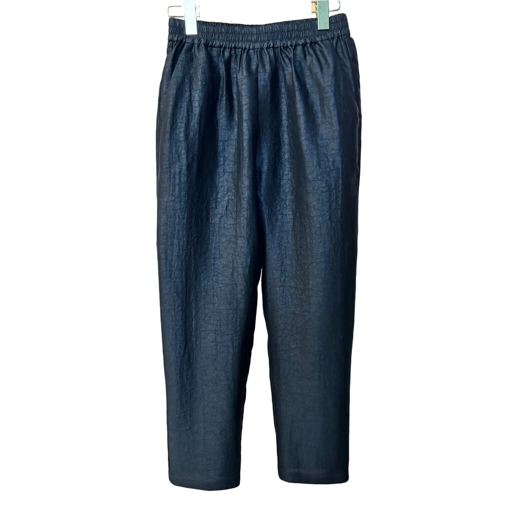 黑色龟裂纹真丝香云纱松紧腰九分小脚裤桑蚕丝宽松锥形裤25K8046