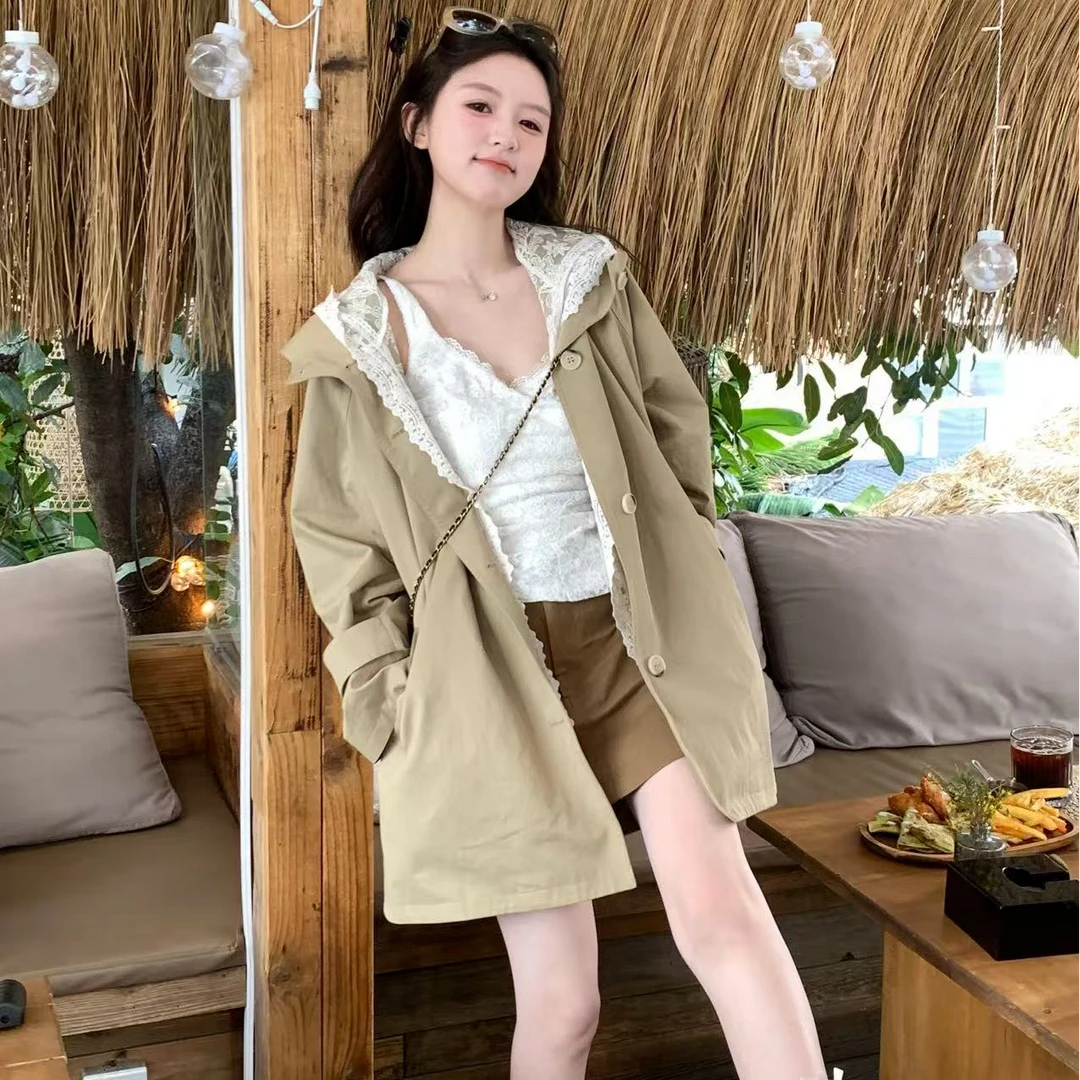 SSYDFER【秋日巴塞尔】韩版百搭长袖气质蕾丝领口女士风衣外套时髦