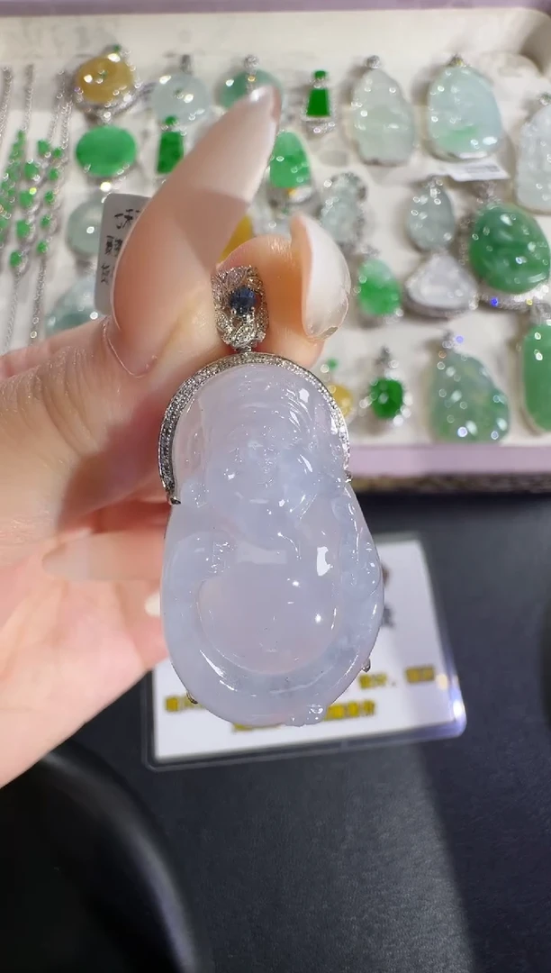 翡翠18K金镶嵌吊坠(不含链)【源头工厂】蓝宝石钻石镶嵌