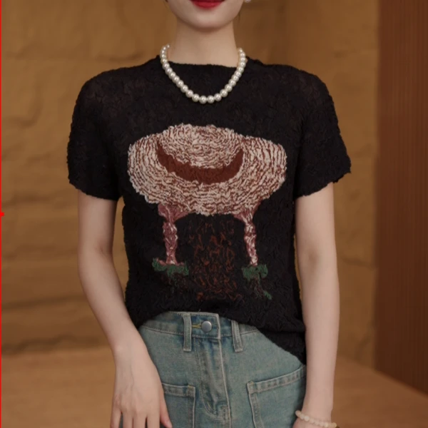 2025新款夏季褶皱女装手工捏褶气质原创设计师上衣T恤时尚