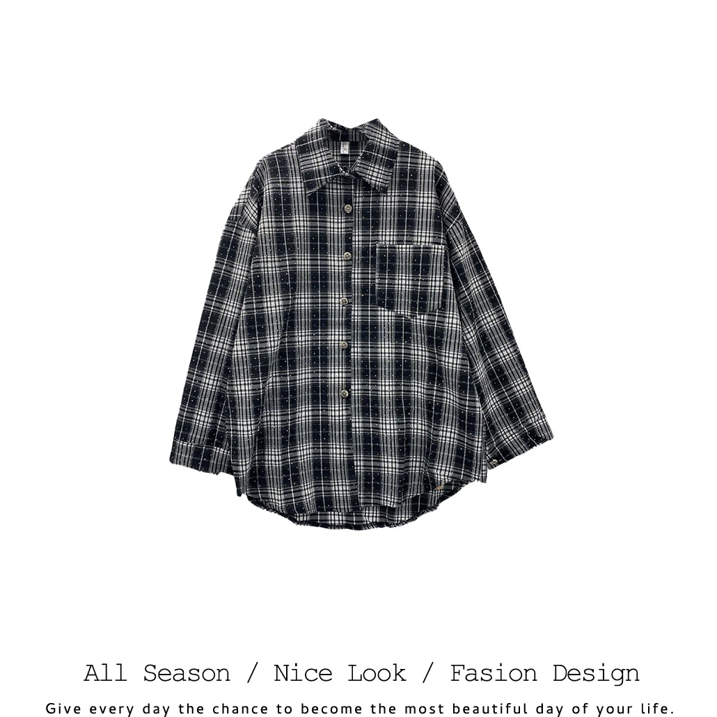 657      时尚黑色格纹撞色镶钻满天星衬衫       款号#24912