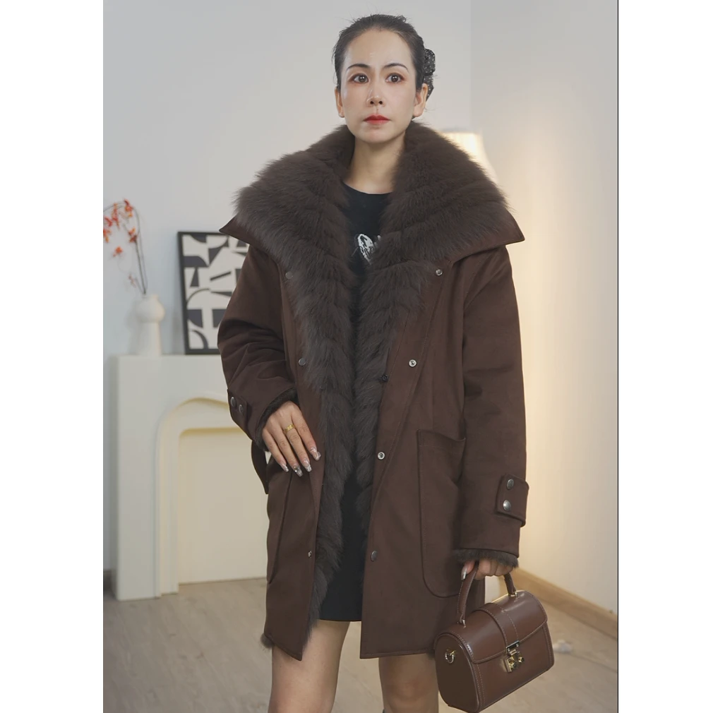 2025秋冬新款狐狸毛皮毛一体兔毛牛皮绒大衣皮草外套中长款宽松