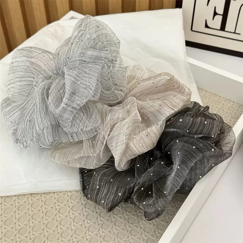 新款云朵泡泡纱满天星烫钻大肠发圈 条纹发绳ins气质时尚头饰超仙