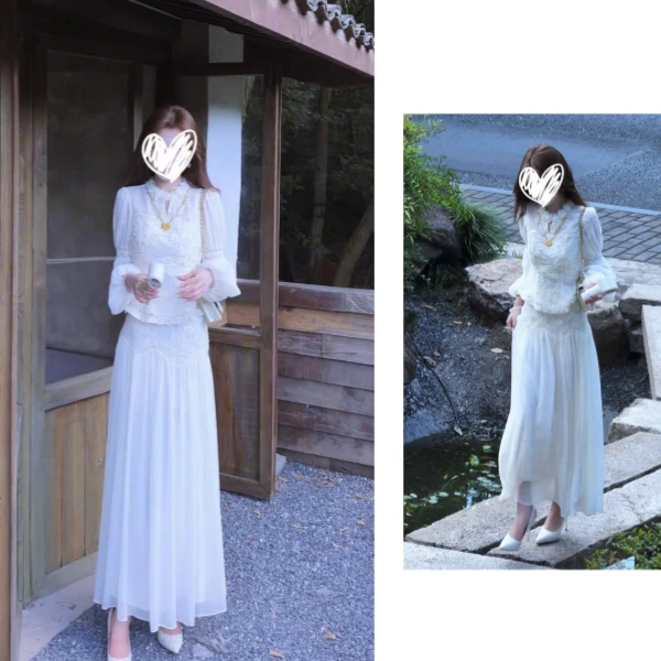 2025新中式秋季蕾丝拼接雪纺上衣优雅气质杏色高腰显瘦半身裙套装