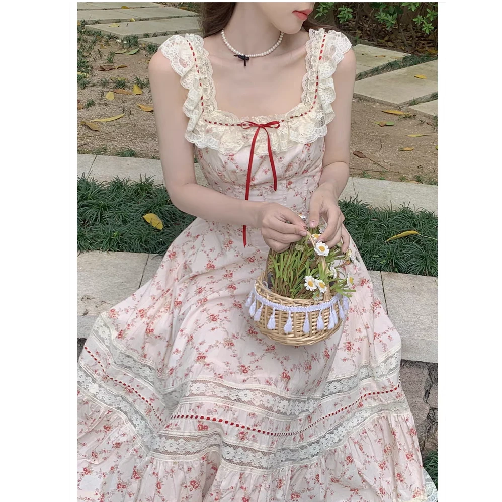 红石榴 法式棉田园蕾丝印花衣连衣裙通勤鱼骨裙方领女夏