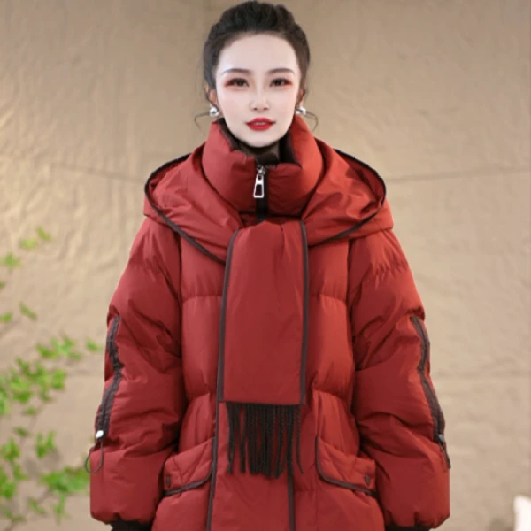 冬季设计感围巾连帽优雅百搭白鸭绒羽绒服M-XL