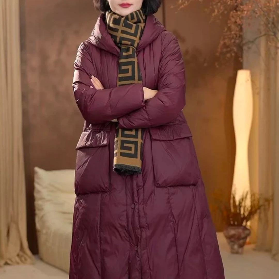 90%白鸭绒羽绒服女2025冬新款大码长款过膝连帽宽松加厚保暖外套