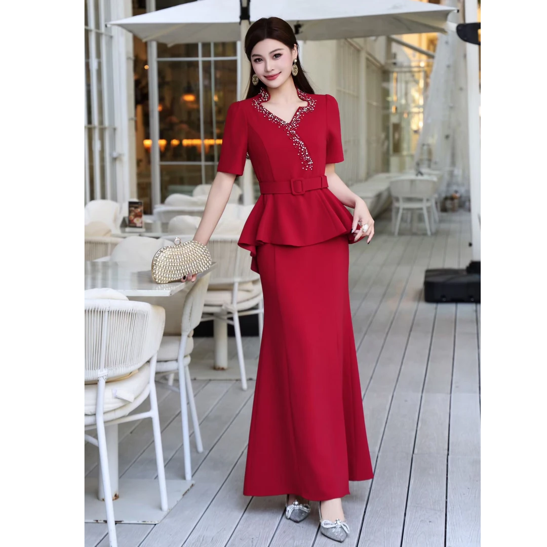 重工订钻优雅收腰显瘦气质婚礼宴会喜妈妈喜婆婆连衣裙礼服长裙女