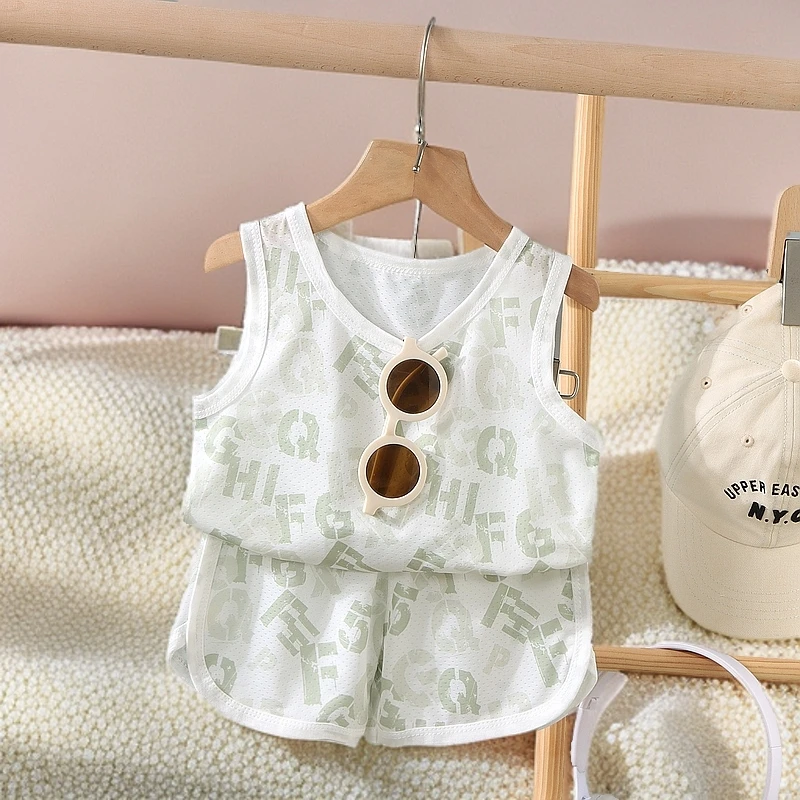 中小儿童夏季薄款韩版无袖透气两件套宝宝冰丝背心短裤速干衣套装