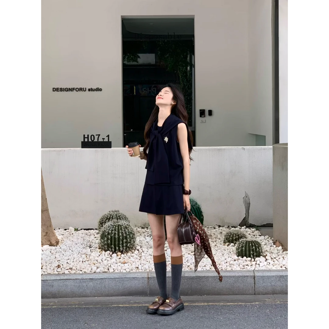 夏季新款法式气质休闲气质披肩无袖背心上衣高腰半身短裙子两件套