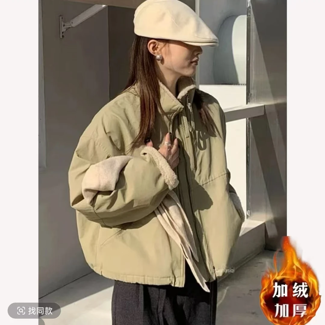 2025仿羊羔毛短款双链接派克服女小个子韩版休闲宽松棉服外套