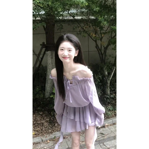 法式紫色一字肩连衣裙女春夏季不规则纯欲风薄款微透短裙子女