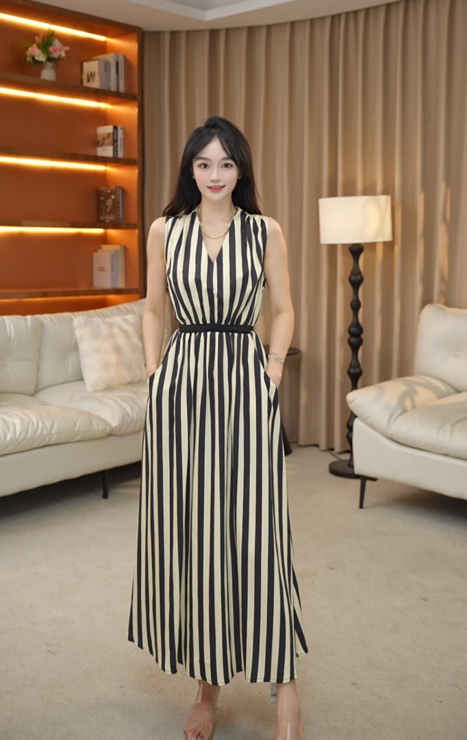 黑白条纹显瘦时尚休闲收腰修身过膝拼接气质女装连衣裙YN202464