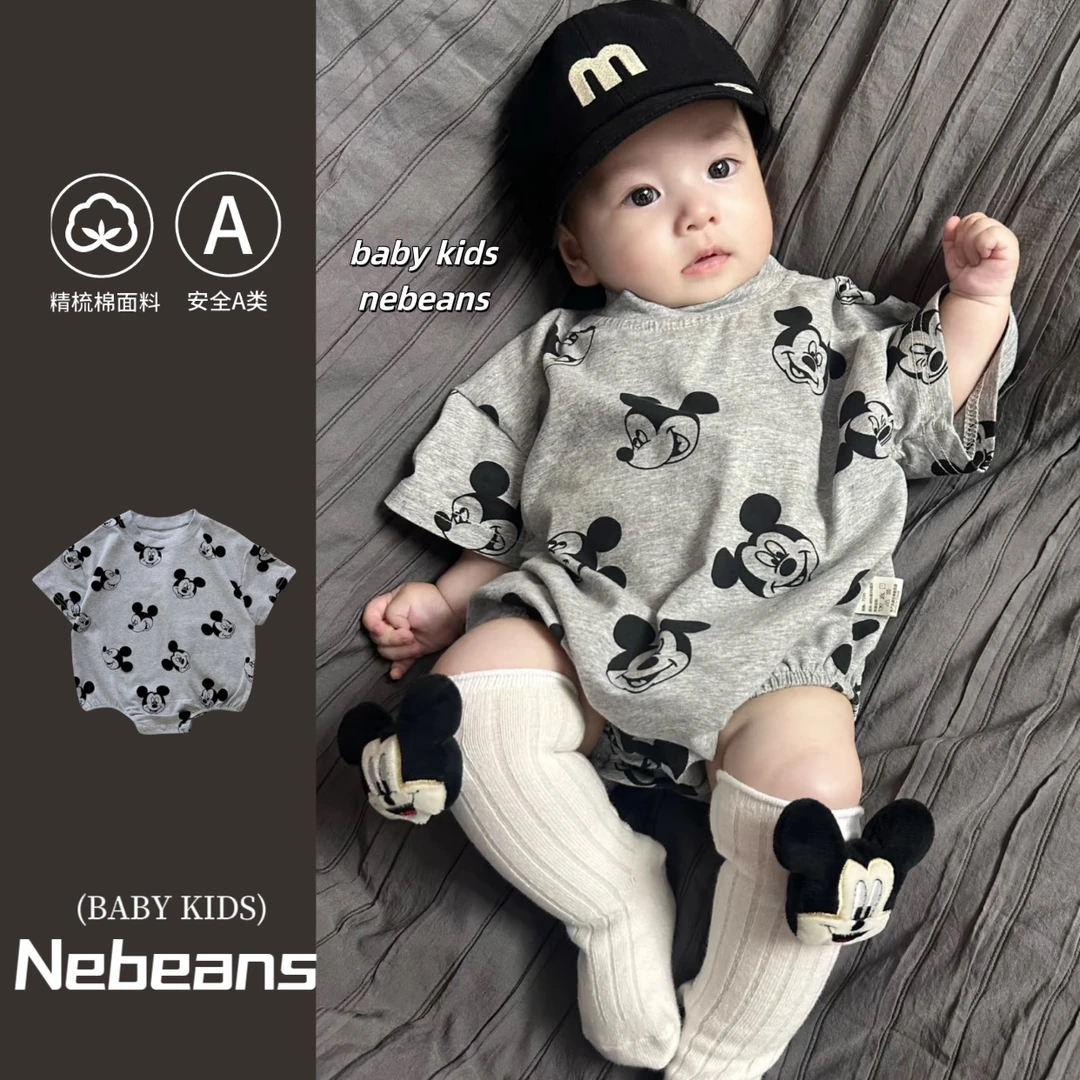 现货（送袜子）男女宝卡通三角包屁衣潮款棉质满印灰色夏天短袖哈衣