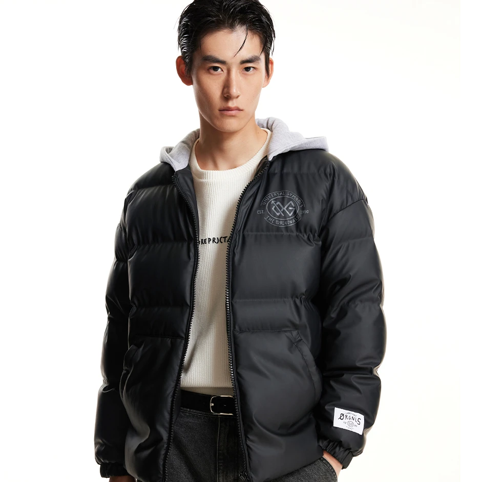 杰克琼斯秋冬款男装厚外套男士假两件连帽好羽绒服时尚保暖宽松潮