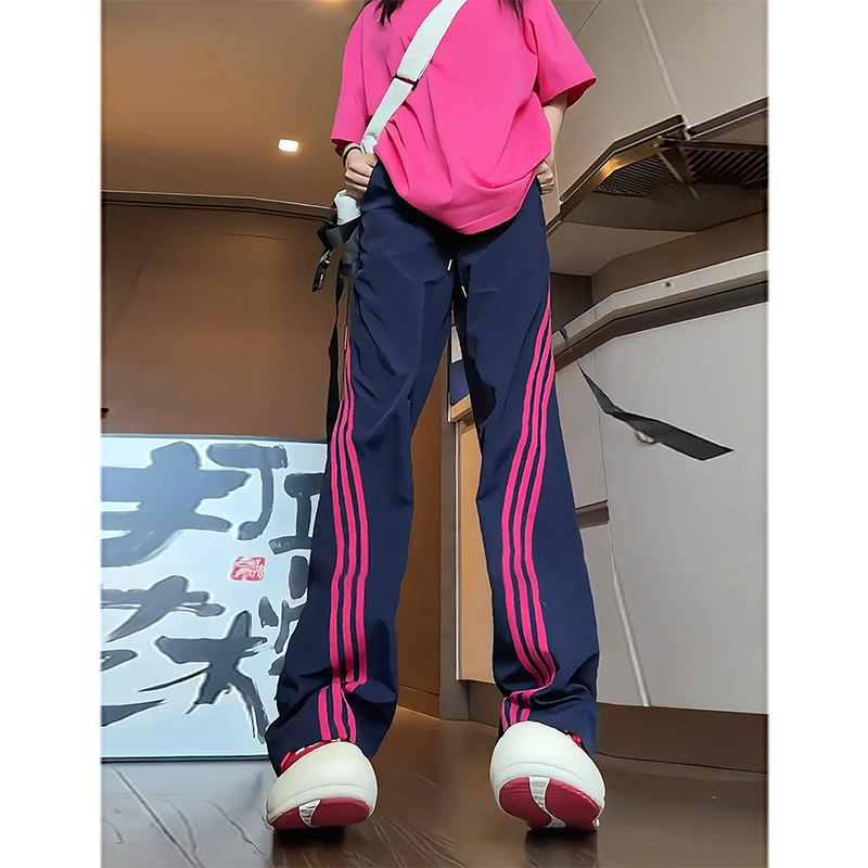 藏青色速干裤子男女款撞色拼接三条杠运动裤美式潮牌夏季休闲长裤