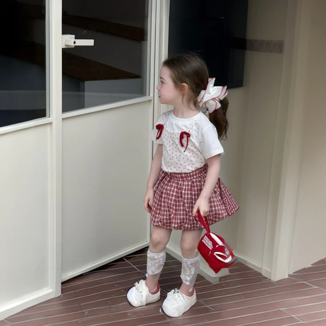 女童夏季套装夏装休闲时髦格纹短裙蝴蝶结短袖上衣儿童潮流假两件