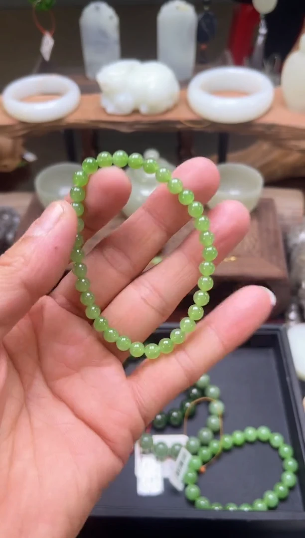 【闪购商品】和田玉手串未镶嵌卡5+乌兰海苹果绿圆珠