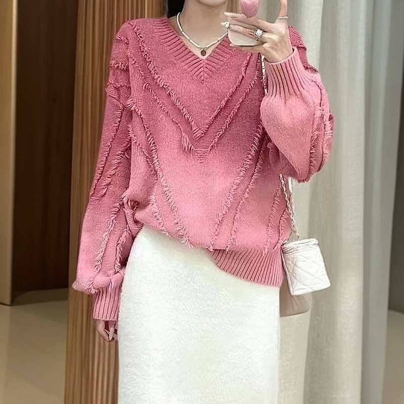 气质v领渐变色毛衣女秋冬季时尚洋气流苏亮丝慵懒套头针织衫上衣