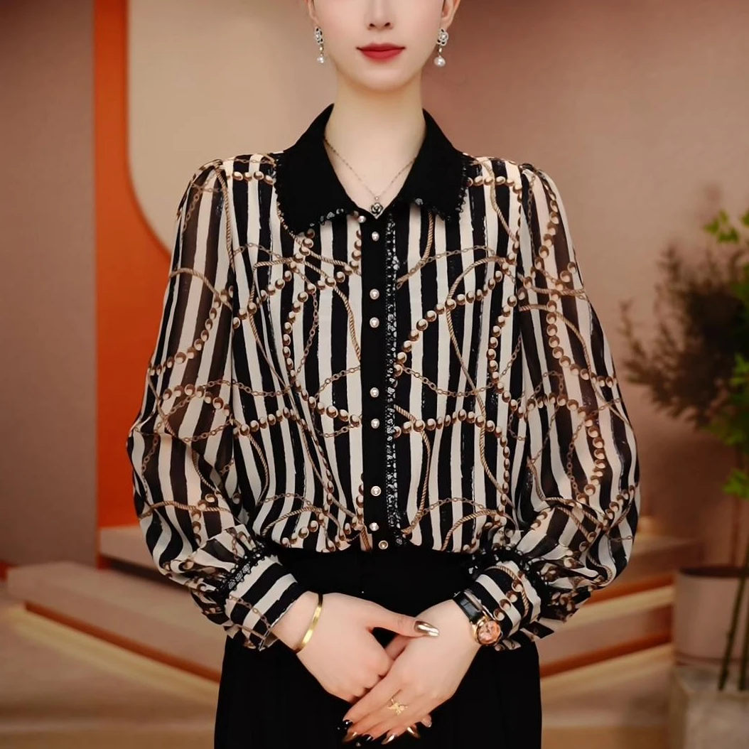 F250066-春新款琉璃双皱丝时尚洋气百搭显瘦休闲气质印花国风小衫