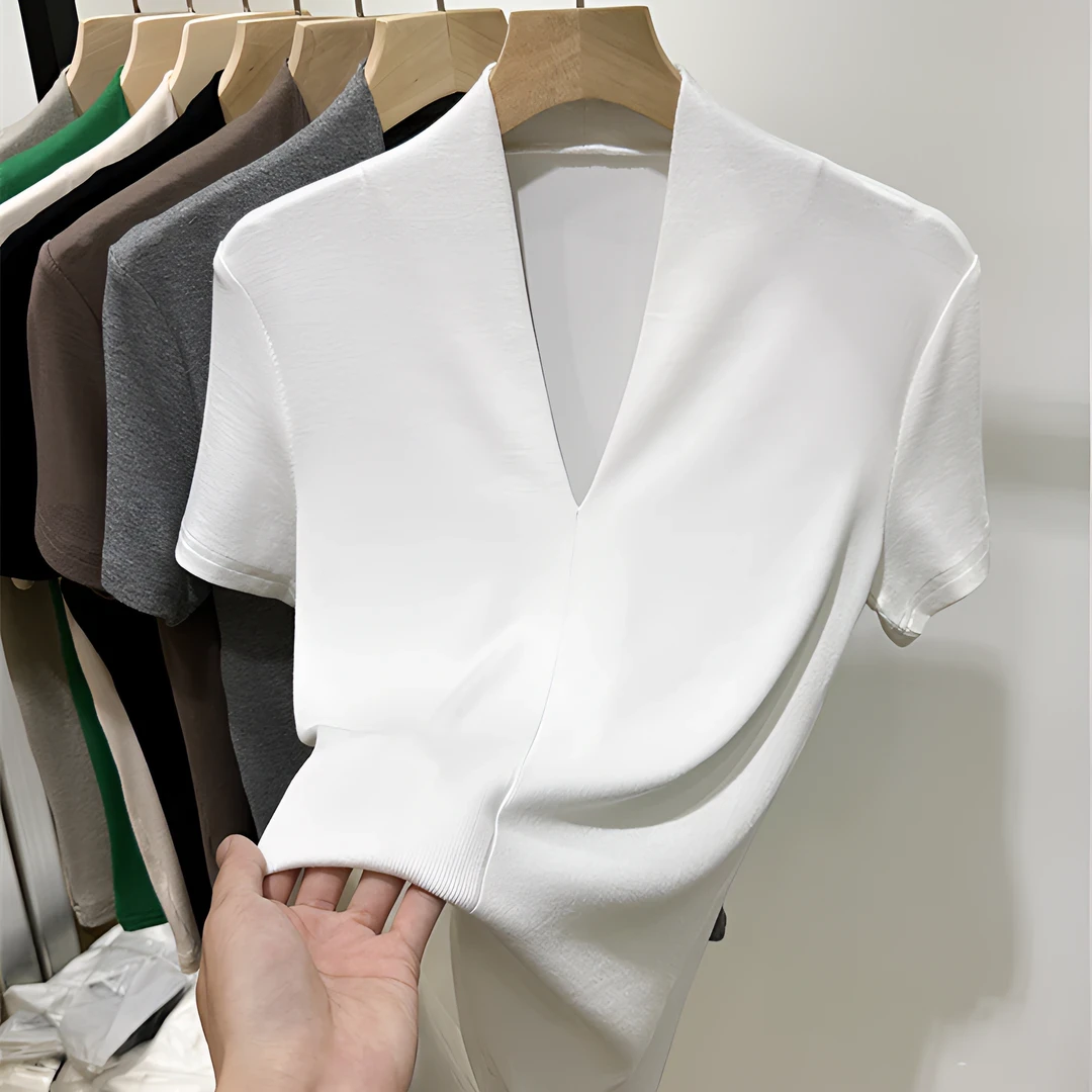 法式高级感螺纹V领短袖t恤女上衣2025春夏季新款清冷系禅意衣服女