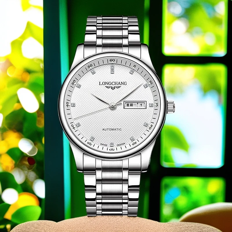 正品LONGCHANG颗粒纹经典白面钢带男士手表防水时尚百搭潮流腕表