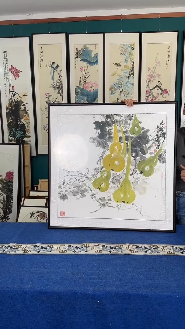 国画五福临门实木装裱83*83