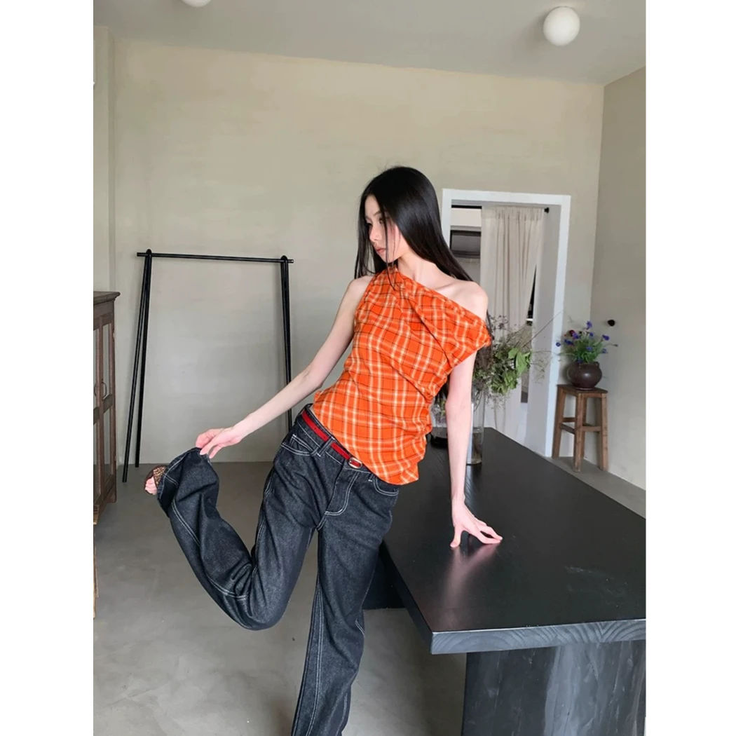 夏季新款甜辣复古露肩显瘦T恤修身斜肩亮色格纹百搭休闲上衣A950