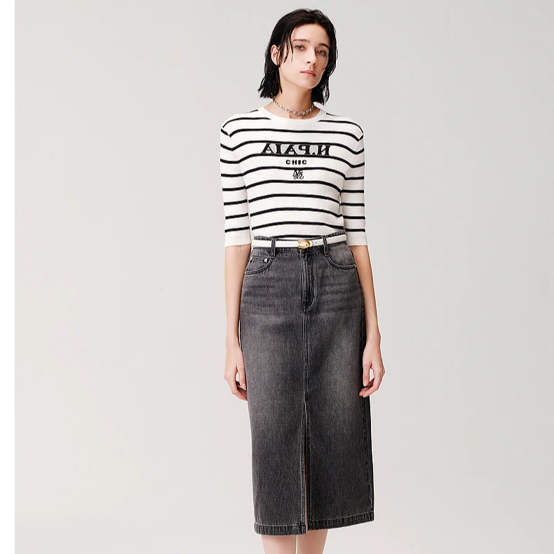 恩派雅24新款高开叉设计感裙子复古直筒半身裙女XNJPDJ302A