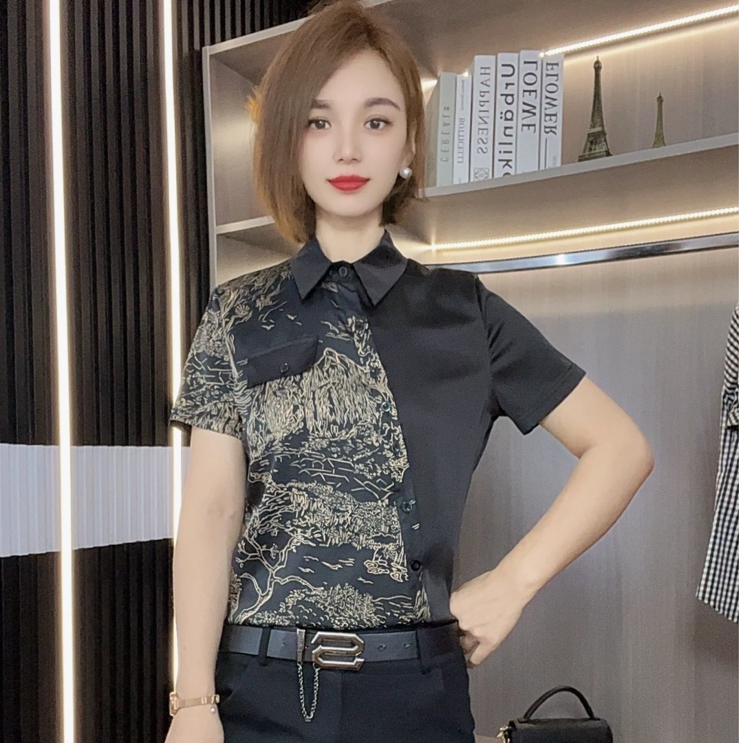 5148夏季气质修身休闲翻领显瘦时尚百搭设计感女装短袖衬衫