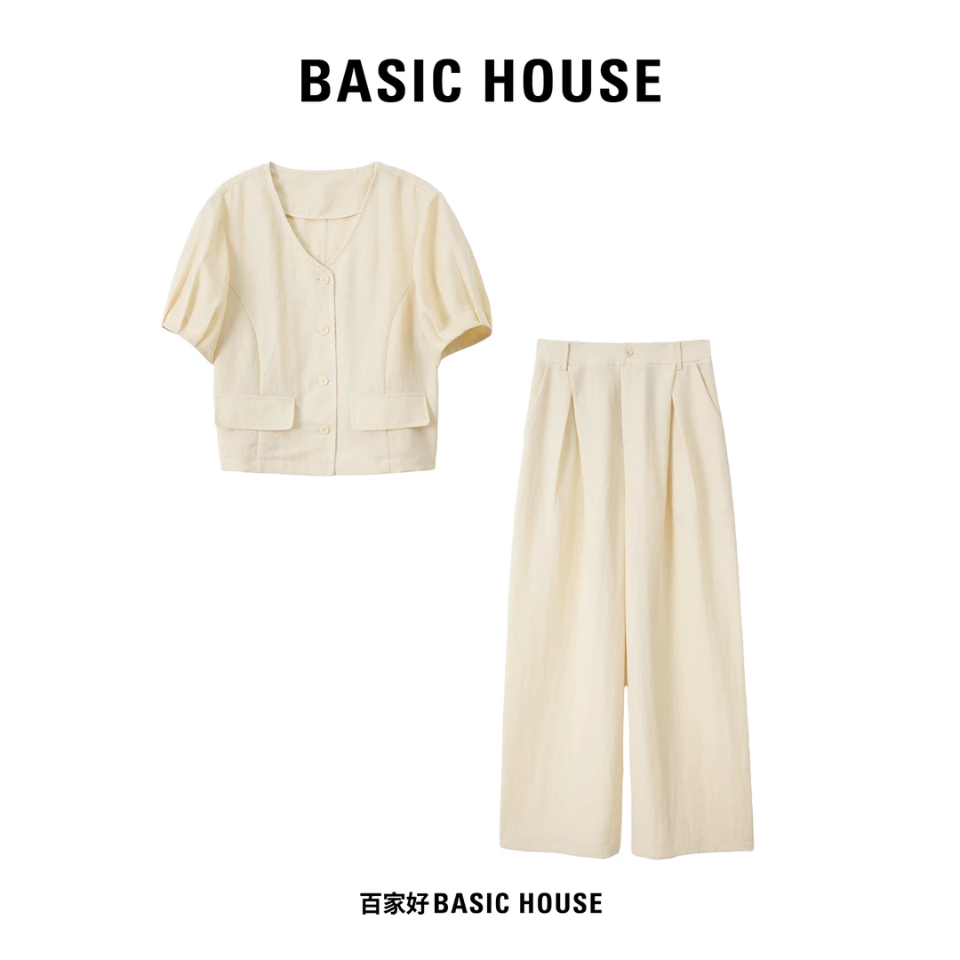 Basic House/百家好{玫瑰的故事}夏小香风双口袋短袖套装A912YY