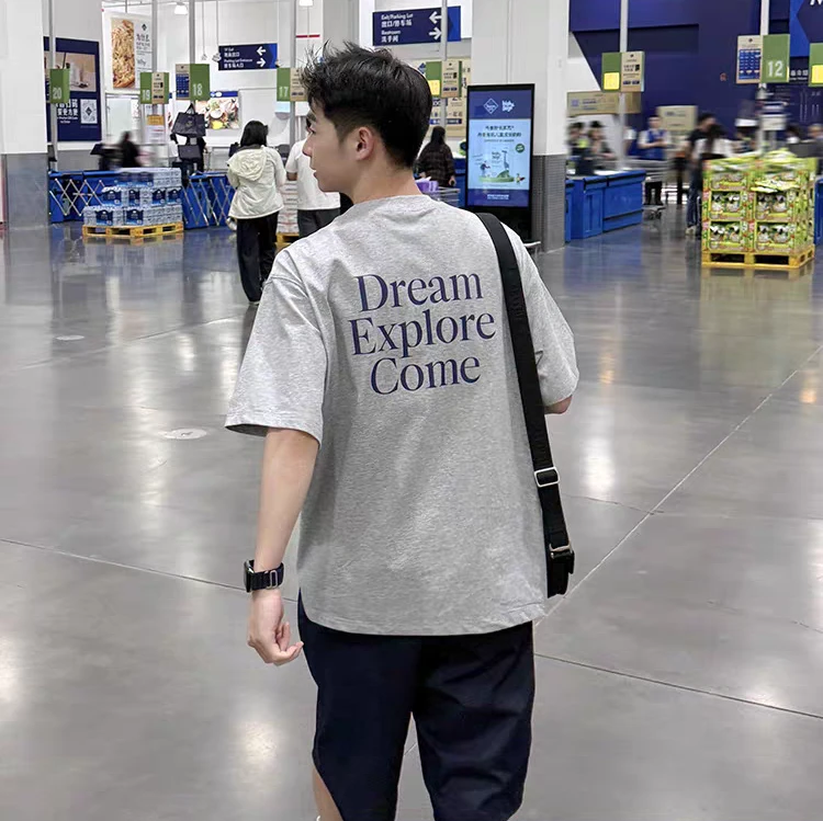 重磅纯棉280g灰色短袖t恤男生夏季港风时尚字母印花男士t恤短袖