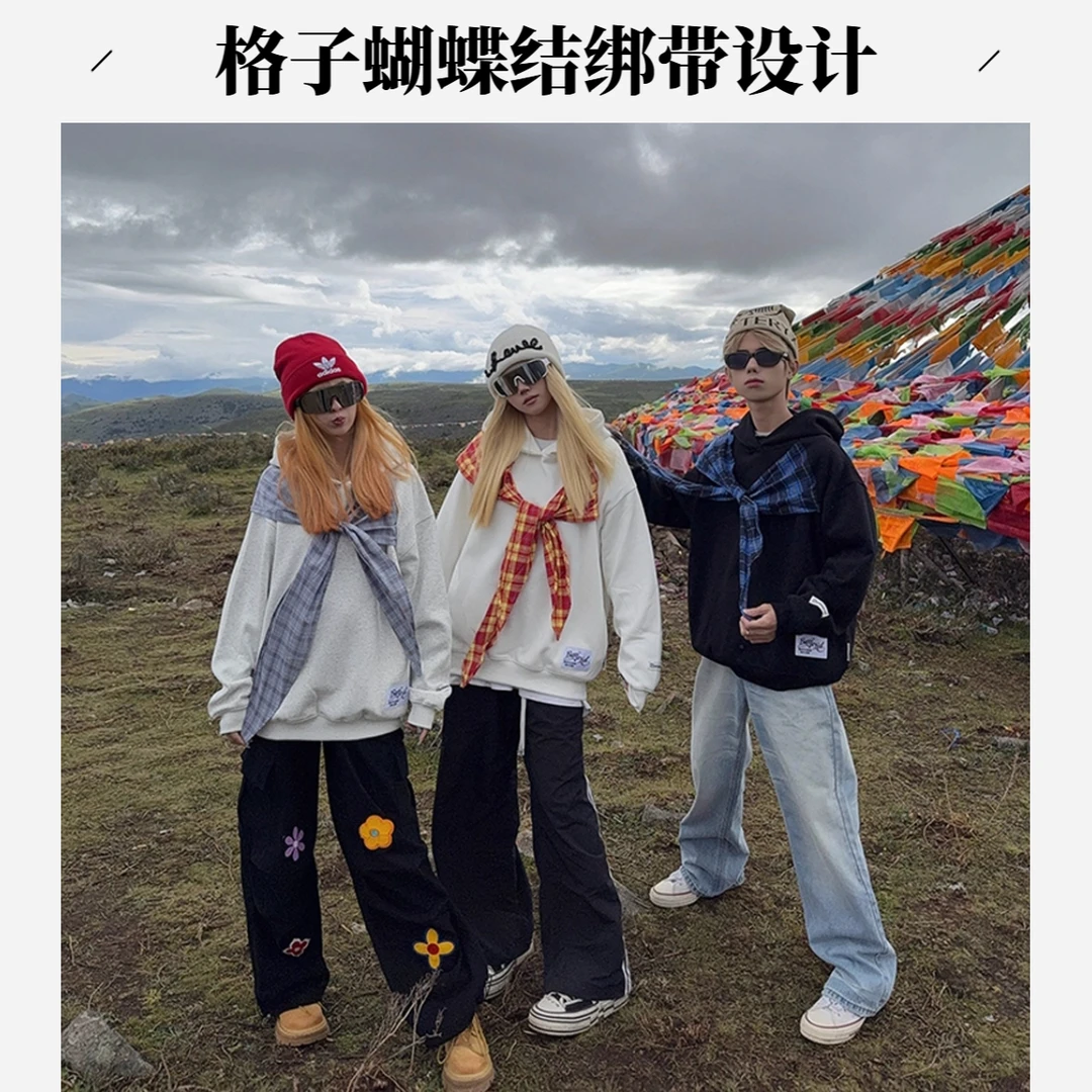 美式复古拼接格子蝴蝶结绑带cleanfit连帽卫衣男女休闲情侣外套潮