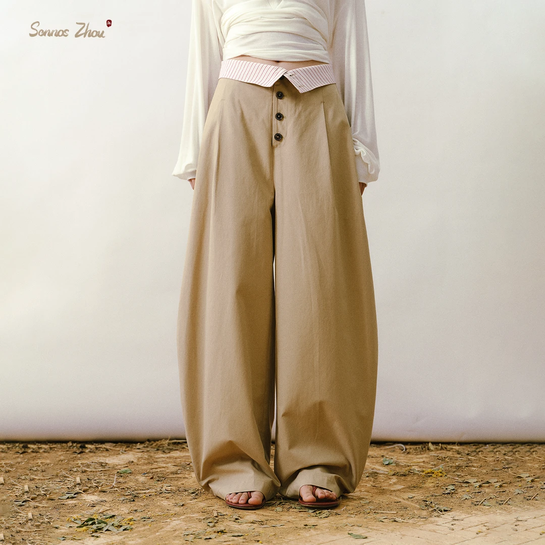 sennos zhou 姿态尽情适意茧型翻折撞色腰裤子 C54064