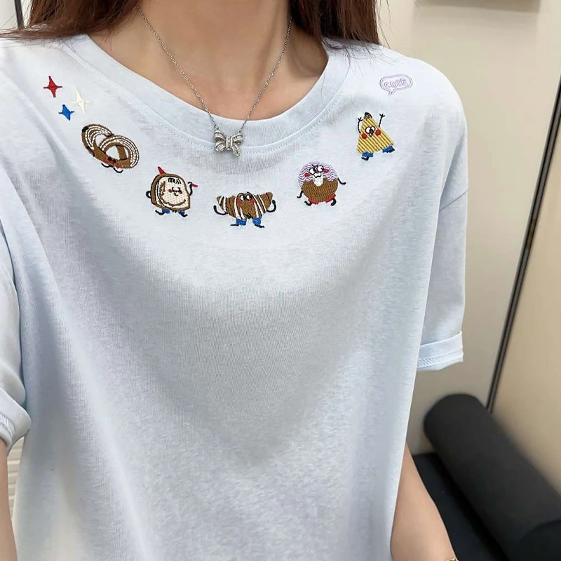 刺绣短袖t恤女夏季2025新款韩系chic别致超火减龄正肩上衣