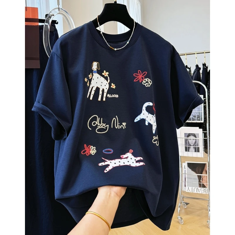 独特别致卡通刺绣重工印花宽松休闲短袖T恤女夏韩系减龄半袖上衣