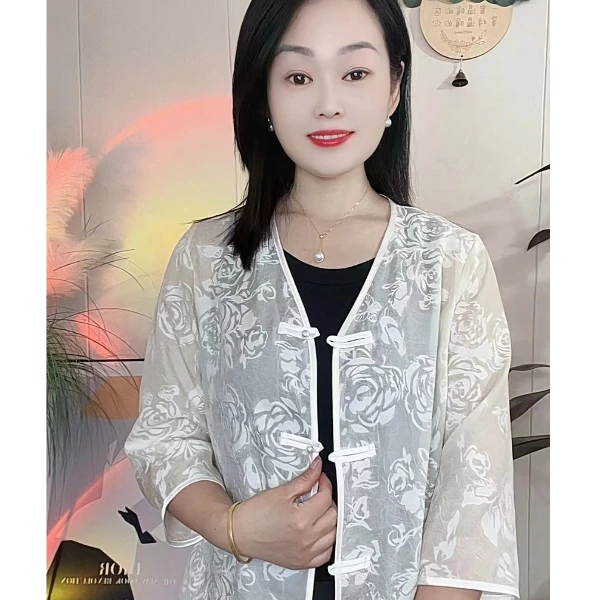 新中式水晶麻玫瑰国风提花V领盘扣小衫