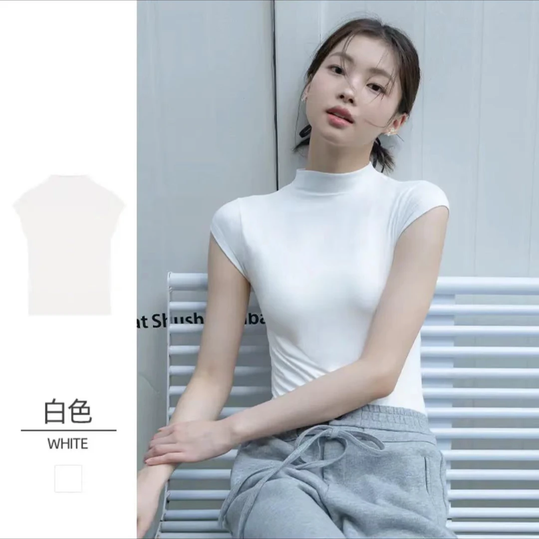 9015简约纯色修身百搭短袖恤时尚半高领显瘦打底衫套头上衣A3-18