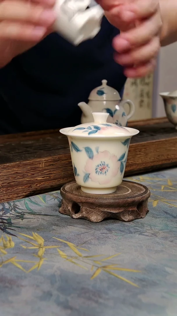 亘古茶具柴烧精品@牡丹马蹄盖碗加一杯