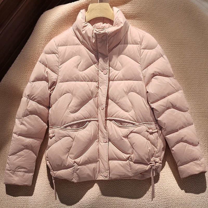 立领时尚款长袖保暖皮粉色修身女款秋冬冬季轻薄羽绒服