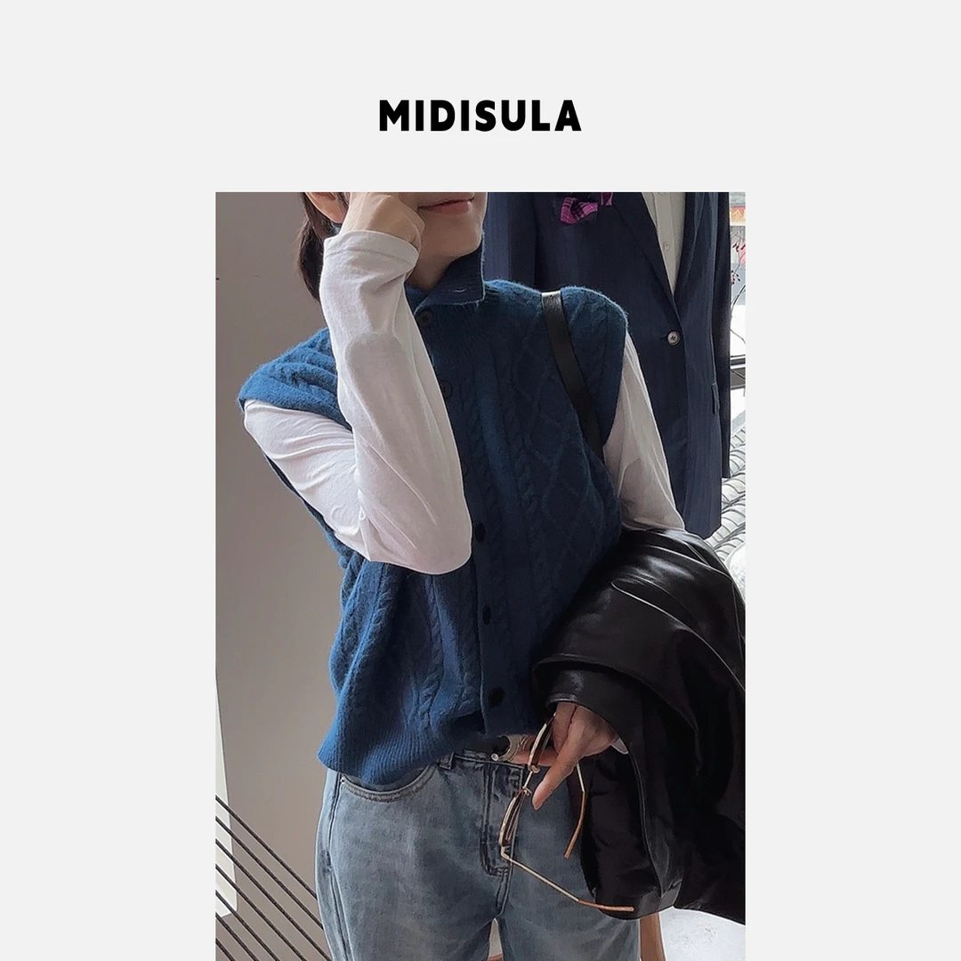 【H.MDSL】软糯高领纽扣开衫马甲一排扣无袖绞花单排扣毛衣#2050