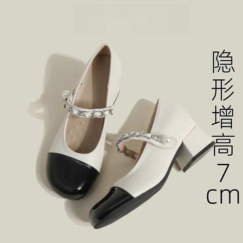 2025法式粗跟玛丽珍鞋配裙子拼色小皮鞋女小个子内增高小码女鞋