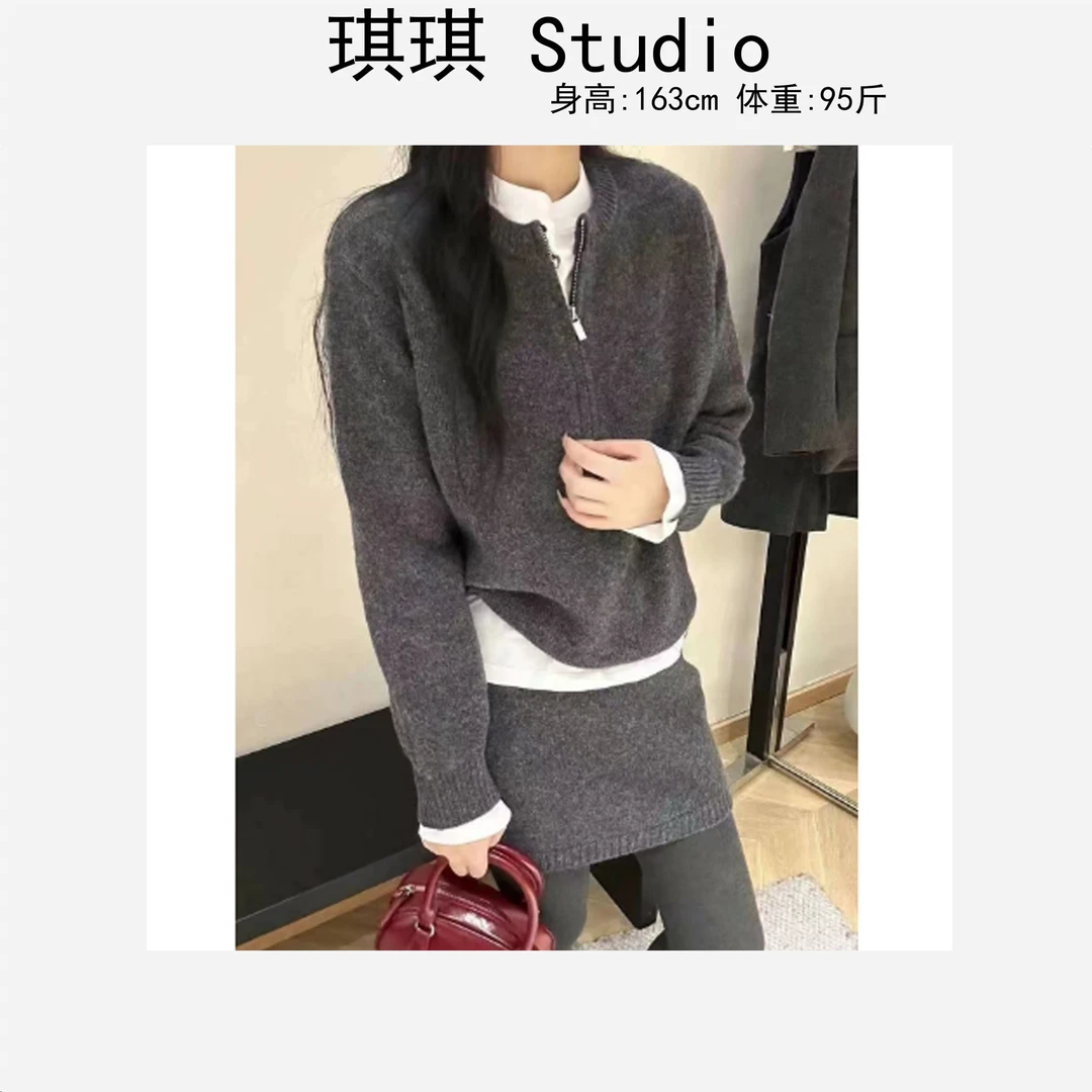 冬季新款潮流气质时尚半拉链针织上衣半身裙显瘦减龄百搭两件套-G