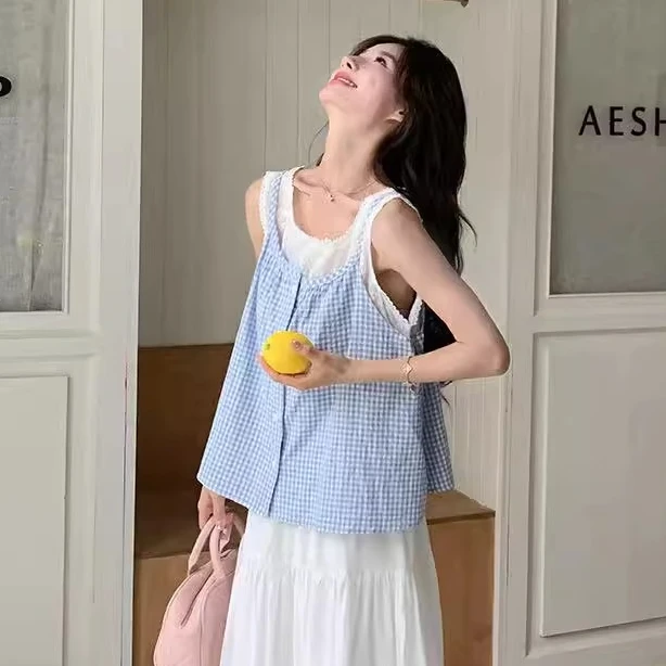 【MEICHI美池】小清新甜美背心2025夏季新款叠穿格子吊带减龄假两件
