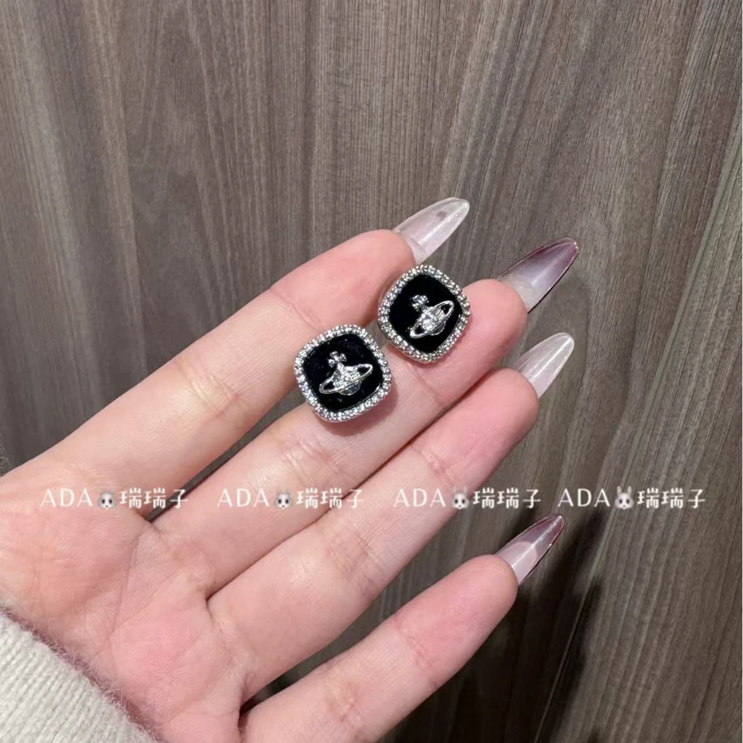 铜合金耳饰 458 黑色快乐星球太后土星满镶耳钉