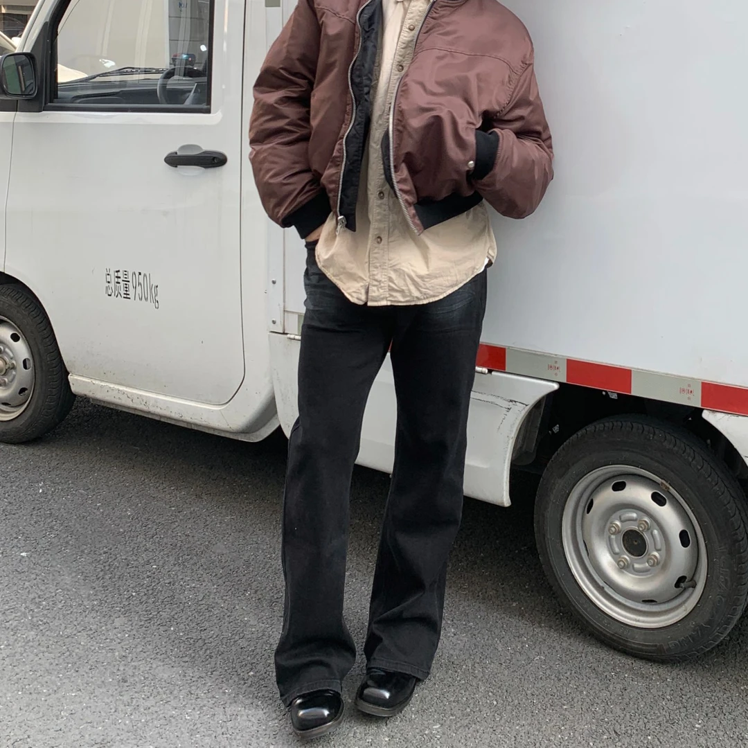 ICEUP 纯黑色做旧立体猫须套染蓝漆弹力弯刀改良517微喇牛仔裤