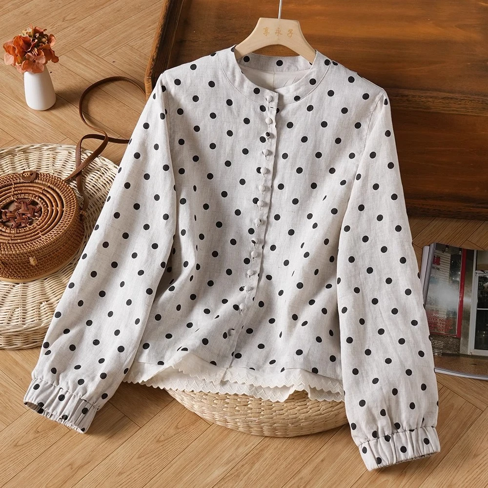 2025春棉麻波点开衫衬衣女休闲宽松大码长袖衬衫文艺复古显瘦上衣