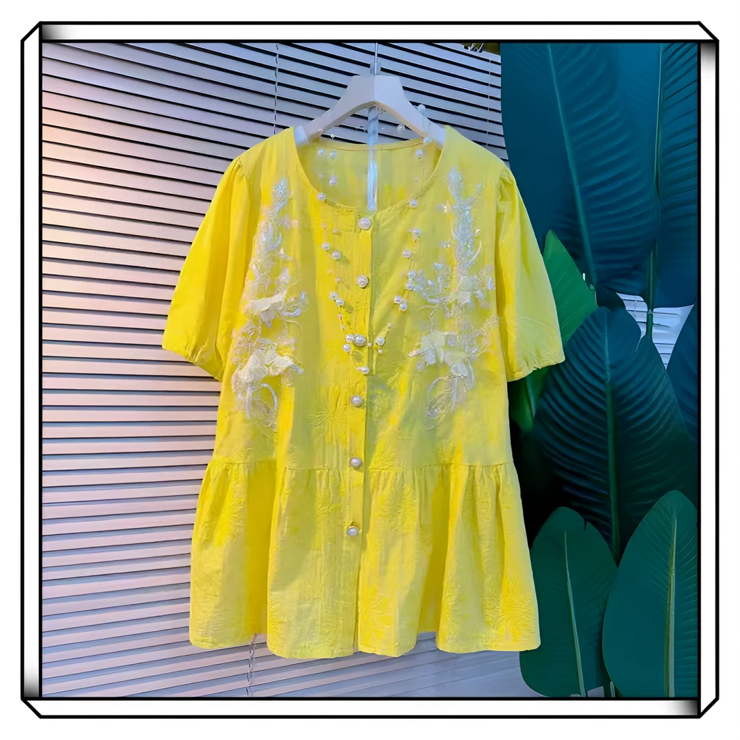 【柚柚】重工刺绣百搭时尚大码T桖收腰藏肉显瘦大码打底衫