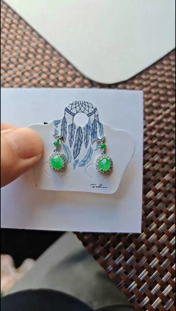 【闪购商品】翡翠耳饰银S925镶嵌翡翠耳饰S925银镶嵌